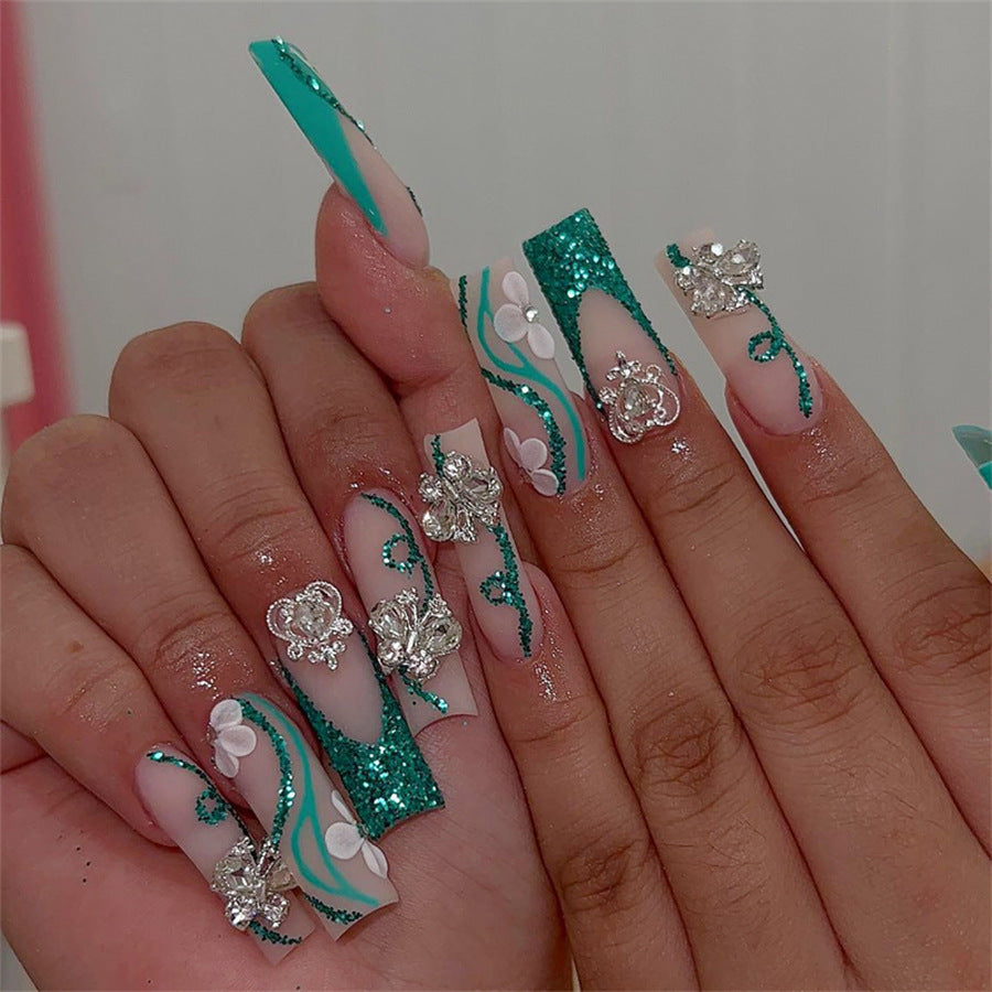 4 Boxes 96pcs European and American Press-on Nails Gorgeous Sweet Cool Flashy Broken Glitter Flowers Gren Butterfly Water Pipe Long Fake Nails Combination Set Suitable for Girs and Women Gifts